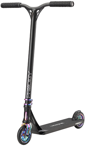 The Blunt Envy Prodigy X ONE Complete Stunt Scooter in Black/Oil Slick Neochrome features a sleek black frame, vibrant neochrome wheels, and black handlebars, displayed upright on a white background.