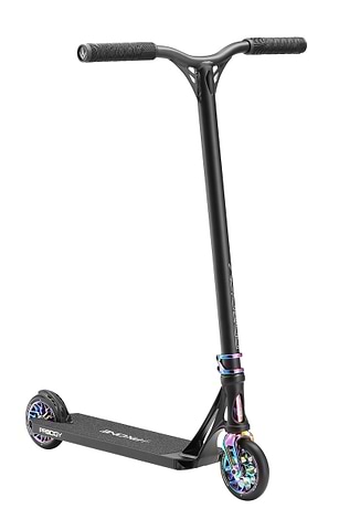 The Blunt Envy Prodigy X ONE Complete Stunt Scooter in Black/Oil Slick Neochrome features a straight handlebar, rainbow accents on the wheels and clamp, and a textured Extech deck, displayed against a white background.