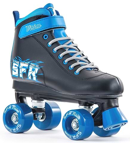 The SFR Vision II Quad Roller Skates - Blue by SFR feature a black and blue design with gray laces, blue polyurethane injected wheels, a "Vision" strap, and a white and blue side pattern with "SFR" lettering.