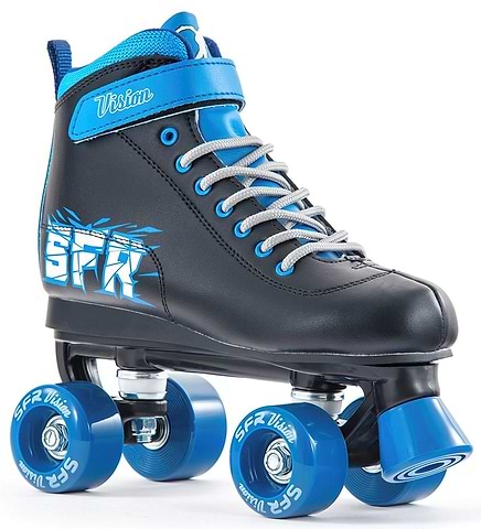 The SFR Vision II Quad Roller Skates - Blue by SFR feature a black and blue design with gray laces, blue polyurethane injected wheels, a "Vision" strap, and a white and blue side pattern with "SFR" lettering.