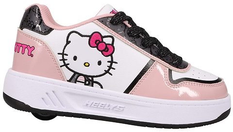 The Heelys x Hello Kitty Kama HKC Girls Shoes in light pink, black, and white feature a fun Hello Kitty graphic, a hidden wheel in the heel for rolling, and are perfect for fans of both Heelys and Hello Kitty.