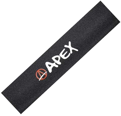 The Apex Pro Scooter Griptape - Printed Logo features a black design with the "APEX" brand in bold white letters and a red circular symbol on the left, making it ideal for scooters. Its strong adhesive ensures it remains securely attached.