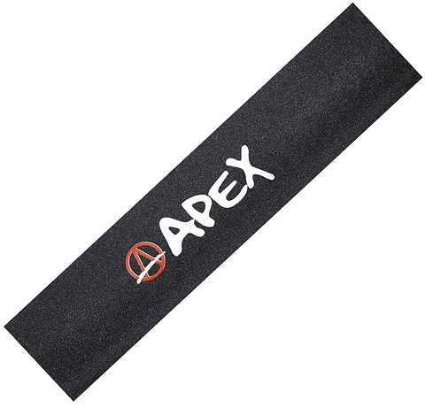 The Apex Pro Scooter Griptape - Printed Logo features a black design with the "APEX" brand in bold white letters and a red circular symbol on the left, making it ideal for scooters. Its strong adhesive ensures it remains securely attached.
