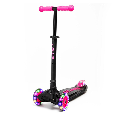 The i-Glide 3-Wheel LED Kids Scooter in Black and Pink, a three-wheel kids scooter with light-up wheels, a T-bar handle and a lean-to-steer deck.