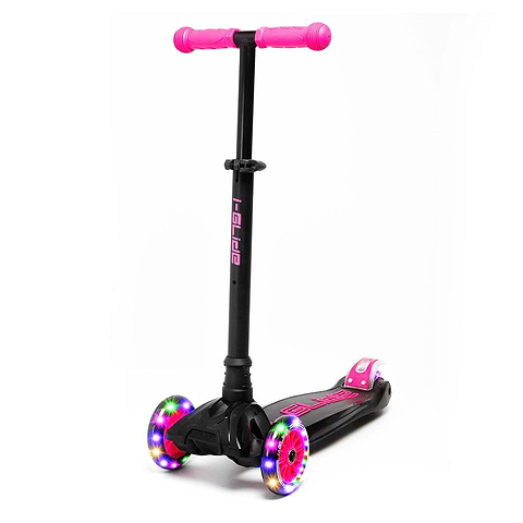 The i-Glide 3-Wheel LED Kids Scooter in Black and Pink, a three-wheel kids scooter with light-up wheels, a T-bar handle and a lean-to-steer deck.
