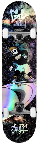 The Enuff Skully Hologram Black Mini Complete Skateboard, 7.25 inches by 29.5 inches, a kids-sized complete skateboard with a holographic skull graphic on the deck.