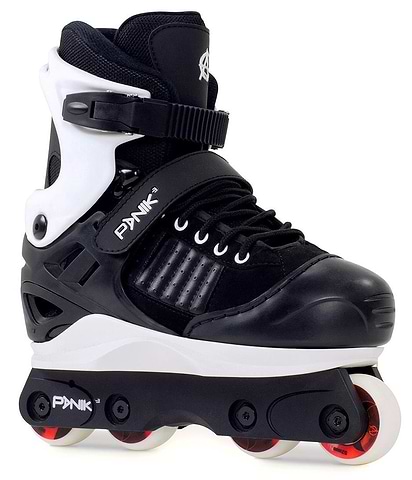 The Anarchy Panik III Adjustable Junior Aggressive Inline Skates in black offer high ankle support, secure buckle and strap, and have red and white wheels. "Anarchy" is branded on the boot and frame, showcasing a sleek design.