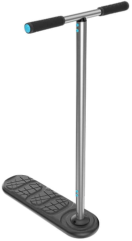 The INDO Kickstart Classic Indoor Trampoline Stunt Scooter in black boasts a sleek design with teal accents. It features an adjustable, long handlebar with grips and a deck featuring a textured surface for improved foot traction. Its minimalist and modern style makes it perfect for any trick playground adventure.