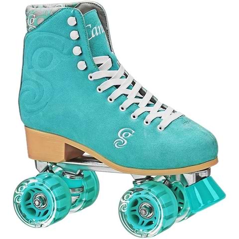 The Candi Girl Carlin Womens Quad Roller Skates in Teal feature a teal boot with white laces and decorative stitching, a wooden heel, silver baseplate and matching blue outdoor polyurethane wheels.