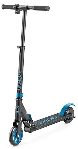 The Xootz Enigma Lithium Electric Scooter - Blue features a sturdy frame, two small wheels, handlebars with grips, and "Enigma" on the deck. It also has a blue rear fender for braking. Brand: Xootz.