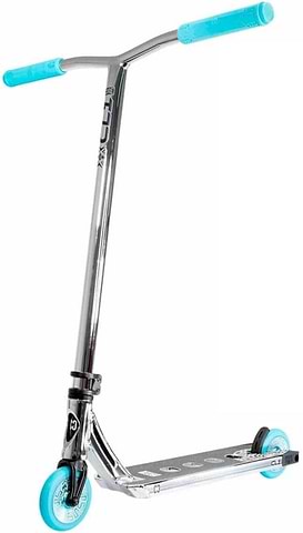 The CORE CL1 Complete Stunt Scooter in Chrome and Teal, with turquoise grips and wheels, a T-bar handlebar and premium aftermarket components.