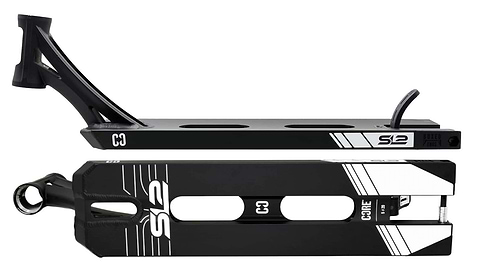 Featuring a sleek design, the CORE SL2 Forged Black Stunt Scooter Deck (5" x 20") showcases the "CORE" logo and "SL2" model name. The top view highlights cutouts for weight reduction, making it perfect for skatepark tricks, while the side view emphasizes its structure and branding details.