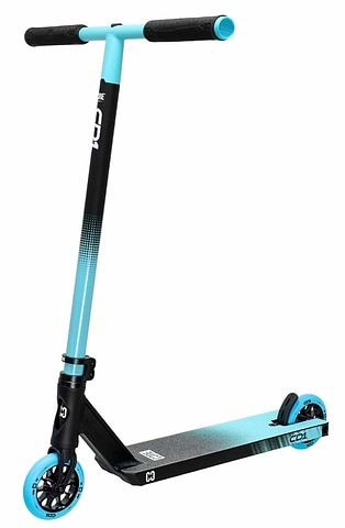The CORE CD1 Complete Stunt Scooter in Blue and Black, a beginner-friendly scooter with a robust frame, textured deck, blue wheels and comfortable grips.