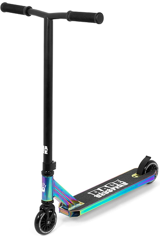 The Slamm Rage Complete Stunt Scooter in Neochrome features a black and iridescent neochrome frame, black handlebars and wheels, and a textured deck with white graphics.