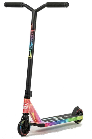 The Legacy Hydro Drip Complete Stunt Scooter - Hectic Rainbow features a striking deck with a rainbow design, black wheels, and Hi-Ten Steel Y Bars for improved control. With its durable metal frame and eye-catching geometric patterns, it's the ideal choice from Legacy for both style and performance.