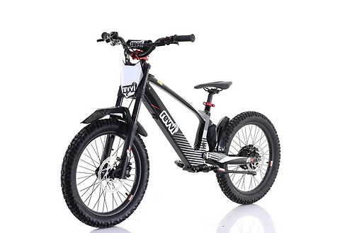 The Revvi 20" Kids Electric Balance Bike - Black features thick off-road rubber air-filled tires, a sturdy frame, front suspension fork, rear coil shock absorber, and a branded front plate. Its sporty design is ideal for trail riding.