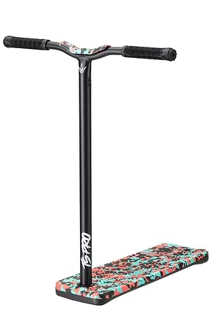 A Blunt Envy TS Pro 7.5 Indoor Trampoline Stunt Scooter stands upright, featuring its black T-bar handle and grips. The deck is decorated with a teal camo abstract pattern in red, teal, and black for an eye-catching design. It provides a customized height for enhanced freestyle performance.
