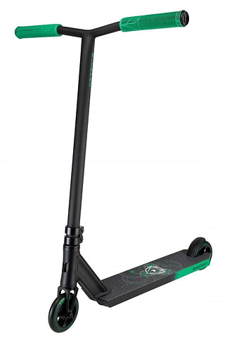 Introducing the Blazer Pro Enigma 2 Complete Stunt Scooter in Black and Green. This stylish scooter features beginner-friendly Chromoly Steel Wing bars and a T-bar handle. The deck is designed with a textured surface accented in green, while the vibrant green handle grips enhance its two-wheel design.
