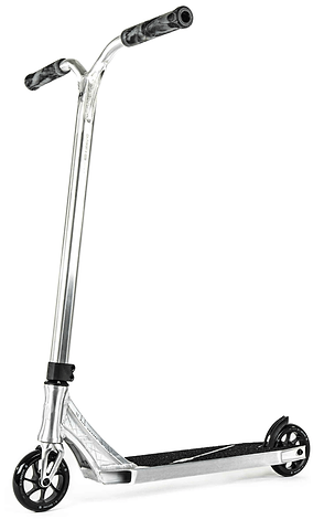 The Ethic DTC Erawan V2 Complete Stunt Scooter (M) in Brushed Silver, showing its bare aluminium deck and fork with black bars and grips, built as one of the lightest completes available.