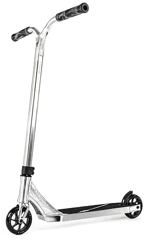 The Ethic DTC Erawan V2 Complete Stunt Scooter (M) in Brushed Silver, showing its bare aluminium deck and fork with black bars and grips, built as one of the lightest completes available.