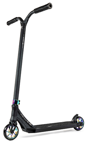 The Ethic DTC Erawan V2 Complete Stunt Scooter in Neochrome, a fully built scooter with a T-bar handlebar, holographic neochrome wheel cores, IHC compression and a textured deck, shown against a white background.
