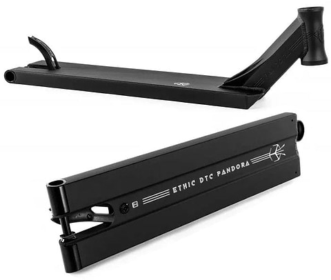 The Ethic DTC Pandora Black Stunt Scooter Deck, 5.1" x 20.5", a wider park-to-street aluminium deck with a minimalist black finish, angular boxed ends and integrated cutouts.