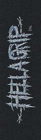 The Hella Grip Classic Signature Stunt Scooter Griptape - Dylan Morrison features stylized barbed wire forming distorted, vertical text on a black background, with metallic silver and blue accents and a small character near the top right.