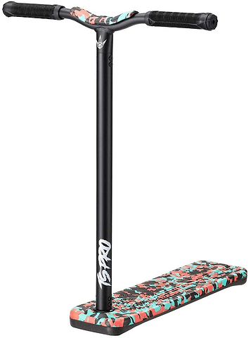 The Blunt Envy TS Pro 6 Indoor Trampoline Stunt Scooter in Teal Camo stands upright, showing its black adjustable bar and grips above a wide deck finished in a teal, red and black camouflage pattern.