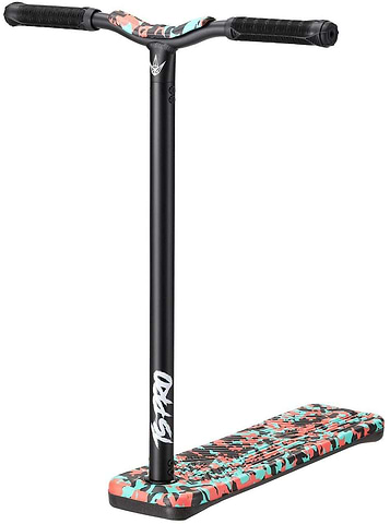 The Blunt Envy TS Pro 6 Indoor Trampoline Stunt Scooter in Teal Camo stands upright, showing its black adjustable bar and grips above a wide deck finished in a teal, red and black camouflage pattern.