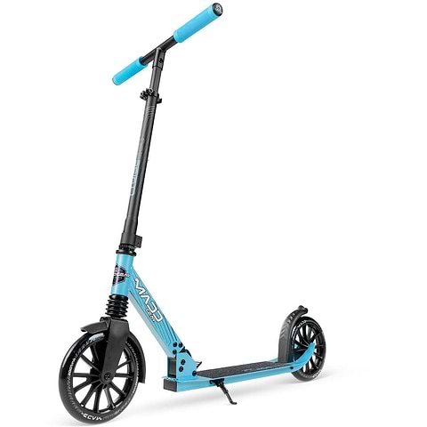 The Madd Gear Metro Cruise 250 Foldable Commuter Scooter by MGP features large wheels, blue handlebars, a kickstand, and adjustable height in black and blue, shown on a white background.