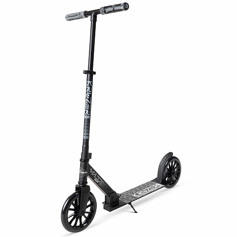The Madd Gear MGP Carve Kruzer V2-200 Commuter Foldable Scooter in Black, showing its tall adjustable handlebar, long foot deck and two large 200 mm wheels, with Kruzer branding on the stem.