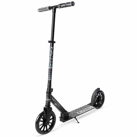 The Madd Gear MGP Carve Kruzer V2-200 Commuter Foldable Scooter in Black, showing its tall adjustable handlebar, long foot deck and two large 200 mm wheels, with Kruzer branding on the stem.