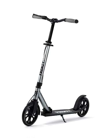The Frenzy 205mm Dual Brake Plus Foldable Commuter Scooter in Titanium features adjustable handlebars and large wheels for effortless maneuverability, along with a folding mechanism for convenient storage. The brand name "Frenzy" is displayed on the frame and deck.