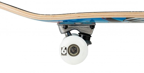 Close-up of a Birdhouse Stage 1 Hawk Spiral Blue Complete Skateboard wheel and truck attached to the deck. The professional quality skateboard wheel is white with a black logo, and the deck consists of multiple wood layers. The underside reveals a striking blue and black design from Birdhouse.