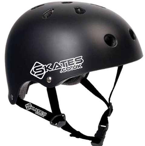 Black and white Skates.co.uk ABS skate and scooter helmet shown side on