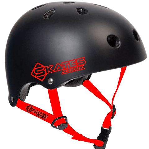 The Skates.co.uk ABS Skate/Scooter Helmet in black features red chin straps and cooling air vents for additional comfort. The brand logo is elegantly printed in red on the side, and this adjustable helmet ensures a perfect fit, offering both skaters and scooter enthusiasts a stylish yet safe option.