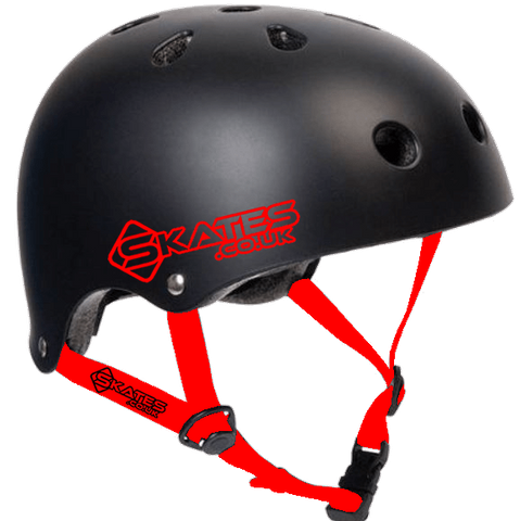 The Skates.co.uk ABS Skate/Scooter Helmet in black features red chin straps and cooling air vents for additional comfort. The brand logo is elegantly printed in red on the side, and this adjustable helmet ensures a perfect fit, offering both skaters and scooter enthusiasts a stylish yet safe option.