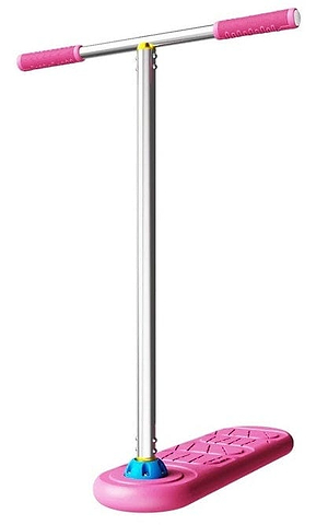 The INDO Pro Indoor Trampoline Stunt Scooter in Pink Pop, a wheel-free trampoline scooter with a pink padded deck and matching bars for practising tricks.