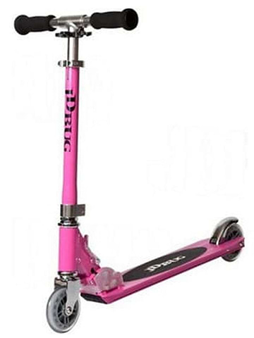 The JD Bug Original Street MS130B Foldable Kick Scooter in Pastel Pink, with black foam grips, a folding stem and clear wheels, shown upright against a white background.