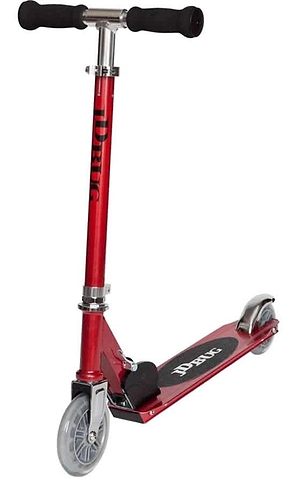The JD Bug Junior Street MS100 Kids Foldable Kick Scooter in Red Glow Pearl features black handlebars and two clear wheels. "JD Bug" is boldly printed on the handlebar stem and deck, while a metal fender brake covers the rear wheel, making it ideal for young riders.