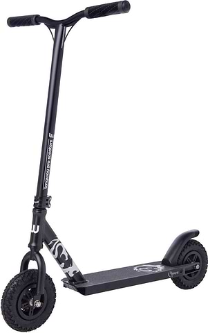 The Longway Chimera Complete Dirt Scooter in black is crafted for off-road adventures, featuring a wide handlebar and durable pneumatic tires. It showcases a graphic design on the deck and is elegantly displayed against a simple white backdrop.