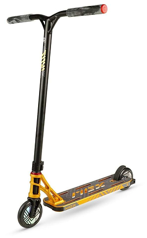 The Madd Gear (MGP) MGX T2 Team Complete Stunt Scooter - Playa showcases a sleek design in yellow and black, enhanced by dual anodized finishes. It comes with a robust T-bar handle equipped with red grips, a textured deck for excellent traction, and small wheels featuring patterned rims—ideal for effortlessly executing tricks.