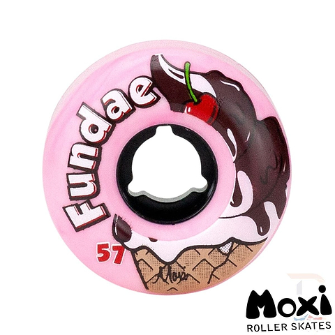 The Moxi Fundae 92A Quad Roller Skate Wheels in Bubblegum Pink feature a delightful "Fundae" text alongside an illustration of a chocolate sundae topped with a cherry on a waffle cone background. The number "57" is displayed near the sundae, with the Moxi logo positioned at the bottom right. These 57mm x 34mm wheels are ideal for hybrid street and skatepark adventures, combining fun and functionality.