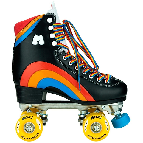 The Moxi Rainbow Quad Roller Skates in Black feature a high black boot with signature rainbow detailing, a silver baseplate and outdoor polyurethane wheels.