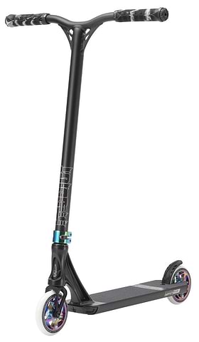 The Blunt Envy Prodigy S9 Complete Stunt Scooter in Black and Oil Slick Neochrome is ideal for the intermediate rider, featuring a black handlebar and deck. The scooter boasts a white front wheel with rainbow-colored metal cores on both wheels, while the glossy finish on the handle grips adds a sleek touch to its stylish design.