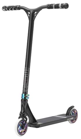 The Blunt Envy Prodigy S9 Complete Stunt Scooter in Black and Oil Slick Neochrome is ideal for the intermediate rider, featuring a black handlebar and deck. The scooter boasts a white front wheel with rainbow-colored metal cores on both wheels, while the glossy finish on the handle grips adds a sleek touch to its stylish design.