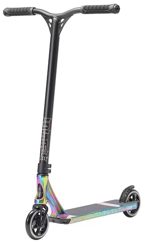 The Blunt Envy Prodigy S9 Complete Stunt Scooter in Oil Slick Neochrome showcases a sleek design with a black handlebar and an iridescent, colorful body. It features patterned grip tape on the deck and small black wheels, making it ideal for intermediate to advanced riders who appreciate minimalist elegance.