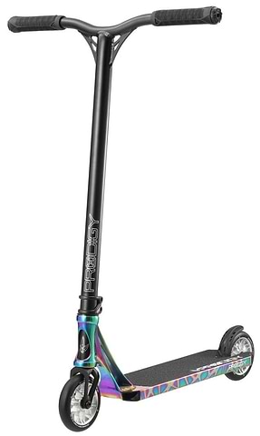 The Blunt Envy Prodigy X Complete Stunt Scooter in Oil Slick Neochrome, by Blunt Envy, is a multicolored scooter featuring a stylish black and metallic design. Equipped with an Extech extrusion T-bar handle, two wheels, and a textured deck, it's ideal for performing impressive tricks and stunts.