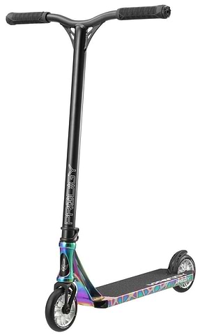 The Blunt Envy Prodigy X Complete Stunt Scooter in Oil Slick Neochrome, by Blunt Envy, is a multicolored scooter featuring a stylish black and metallic design. Equipped with an Extech extrusion T-bar handle, two wheels, and a textured deck, it's ideal for performing impressive tricks and stunts.