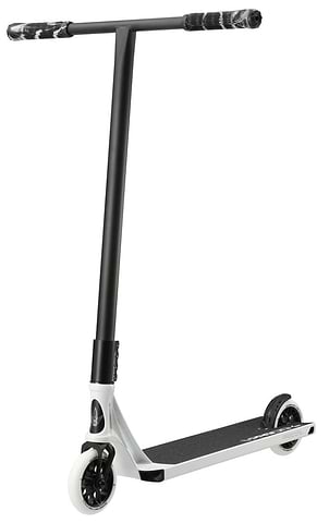 The Blunt Envy Prodigy X Street Edition Complete Stunt Scooter in white features a stylish design with a black T-bar handle, a white deck, and black wheels. It includes grips with a monochrome pattern and enhanced aluminium box ends for added durability.